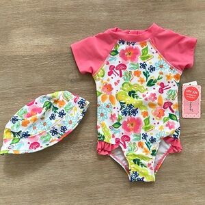 Floatimini Toddler Girl Rashguard One Piece Swimsuit Set Bucket Hat 24 months